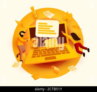 Les gens qui volent autour d'un grand ordinateur portable. Service informatique ou concept de développement. Page Web, bannière, présentation. Enquête en ligne avec personnages. Illustration vectorielle Illustration de Vecteur