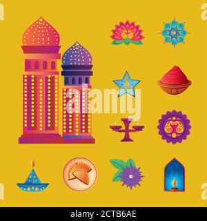 diwali collection de style détaillé des icônes design, inde festival de lumières thème illustration vectorielle Illustration de Vecteur