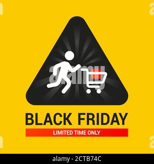 affiche triangulaire avec un petit homme roulant un chariot avec des achats. affiche pour le vendredi noir. illustration vectorielle plate. Illustration de Vecteur