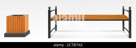 Banc de parc en bois et bac à litière, siège extérieur en bois avec pieds et accoudoirs en métal forgé et poubelle. Mobilier de jardin ou de trottoir de ville isolé sur fond transparent. Vecteur 3d réaliste Illustration de Vecteur