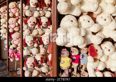 Moscou. Russie. 17 août 2020 beaucoup de jouets en peluche blancs sur les étagères. Les ours, les chiens, les chats attendent que les acheteurs d'enfants les donnent Banque D'Images