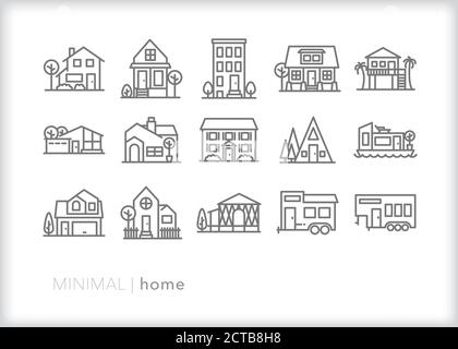 Ensemble d'icônes de ligne de maison de différents types d'architecture de maisons unifamiliales Illustration de Vecteur