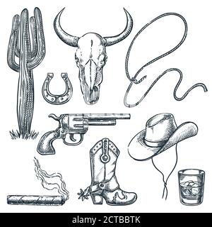 Symboles vintage Wild West isolés sur fond blanc. Illustration d'esquisse vectorielle dessinée à la main. Chapeau de cowboy et bottes de protection, crâne de vache et icône rétro de canon Illustration de Vecteur