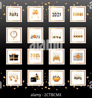 2021 Happy New Year style détaillé icônes collection design, Welcome Celebrate et salutation thème illustration vectorielle Illustration de Vecteur