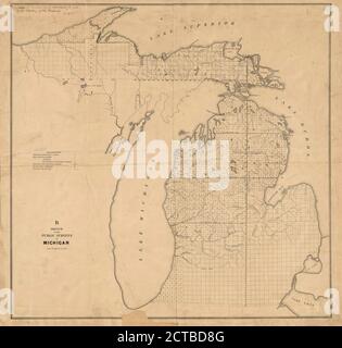 Croquis des enquêtes publiques au Michigan, cartographie, cartes, 1840 - 1849, États-Unis. Arpenteur général de l'Ohio, de l'Indiana et du Michigan Banque D'Images