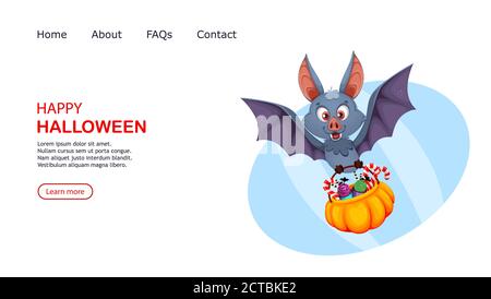 Joyeux Halloween. Un drôle de personnage de dessin animé de chauve-souris portant un panier avec bonbons. Illustration vectorielle, utilisable pour le site Web, la page d'arrivée, etc Illustration de Vecteur