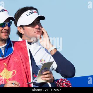 Bubba Watson sur le chemin de la défaite dans le matin quatre balles Justin Rose & Henrik Stenson contre Bubba Watson & Webb Simpson The Ryder Cup 2014 Gleneagles, Banque D'Images