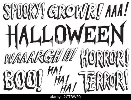 Jeu de mots effrayants. Collection de mots de dessin animé effrayants pour Halloween. Dessin à la main, illustration vectorielle noir et blanc. Illustration de Vecteur