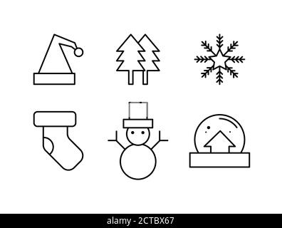 Ensemble d'icônes vectorielles de Noël composé de chapeau, arbres, flocons de neige, chaussettes, bonhomme de neige et jouets Illustration de Vecteur