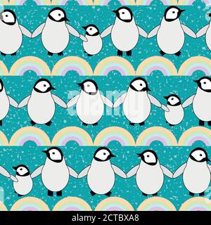 Joli Kawaii Pingouin Bebe Vecteur Sans Couture Motif Arriere Plan Rangees De Dessins Adorables Poussins Empereur Avec Des Arcs En Ciel Sur Fond Bleu Turquoise Flocon Image Vectorielle Stock Alamy