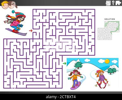 Dessin animé Illustration du jeu de Puzzle Maze éducatif pour les enfants avec Filles de ski Illustration de Vecteur