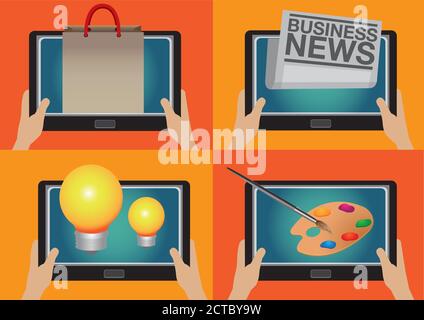 Ensemble de quatre illustrations vectorielles de mains tenant une tablette numérique avec des icônes d'ordinateur pour le shopping, les nouvelles d'affaires, les idées créatives et la peinture d'artiste. Illustration de Vecteur