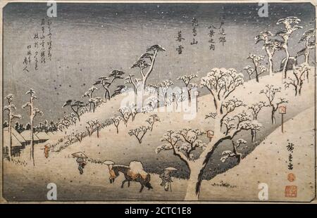 Le Gravestone sur la colline Asuka dans la neige, de la série "huit vues dans la périphérie d'Edo", par Utagawa Hiroshige, imprimé de bloc de bois, période Edo Banque D'Images