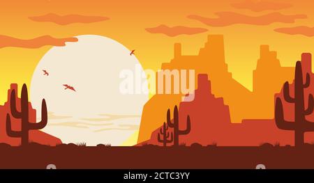 Illustration de l'ouest sauvage au coucher du soleil. Silhouettes orange des cactus bruns des montagnes de l'Arizona. Illustration de Vecteur