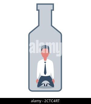 Homme malade ivre dans la bouteille de vin. Concept illustration vectorielle plate de la dépendance à l'alcool. Illustration de Vecteur