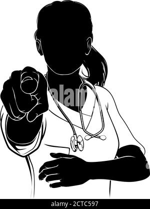 Femme médecin ou infirmière frotte Silhouette pointant Illustration de Vecteur