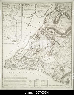 Un plan de la ville de New York et de ses environs : À Greenwich, sur le Nord ou Hudsons River, et à Crown point, sur l'est ou Sound River, en déformant les rues, les bâtiments de publick, les quais, le fort et la batterie, avec la forme et le cours réels des terrains de commandement, avec et sans la ville : Relevé effectué à l'hiver 1775, c.-à-d. 1766, cartographie, cartes, 1775, Andrews, Peter (fl. 1765-1782 Banque D'Images