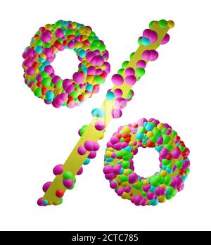 symbole de rendu 3d pourcentage de boules multicolores ou de bonbons pour magasins de rabais vendant des cadeaux de parfum de bonbons isolés Banque D'Images