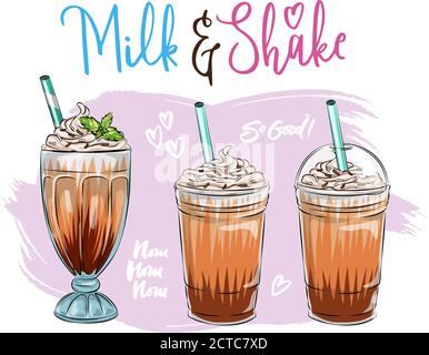 Ensemble de Milk-Shakes différents. Milkshakes au chocolat, à la cerise, à la fraise, à la vanille et à l'orange. Illustration vectorielle de dessin animé isolée sur fond blanc, b Illustration de Vecteur