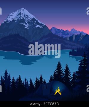 Lac Vector en soirée dans les montagnes Illustration de Vecteur