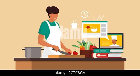 Femme apprenant des recettes en ligne, elle hache des légumes et regarde une vidéo d'un chef expliquant comment préparer des aliments Illustration de Vecteur