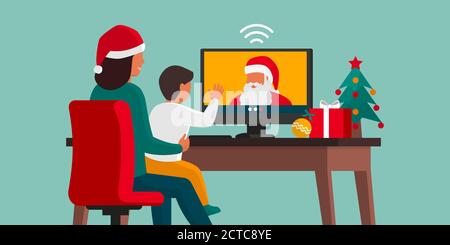 Joyeux enfant en vidéo avec sa mère à la maison, Noël et le concept de distance sociale Illustration de Vecteur