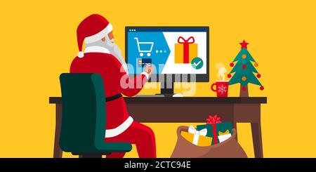 Santa Claus commander des cadeaux en ligne à l'aide d'une carte de crédit, concept d'achat de Noël en ligne Illustration de Vecteur