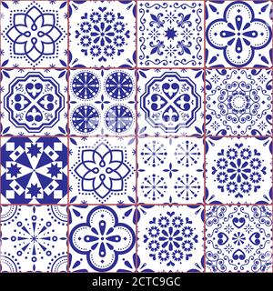 Portugais Azulejo carreaux sans couture motif vectoriel, Lisbonne bleu marine rétro tuiles collection design Illustration de Vecteur