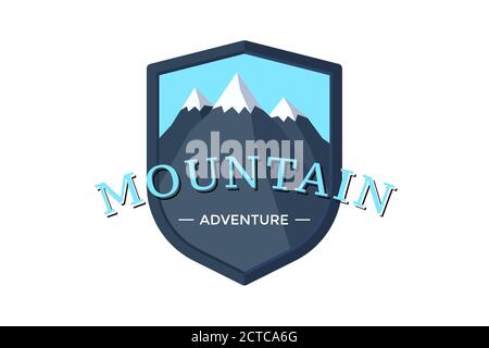 Logo du bouclier Mountain Adventure pour le tourisme extrême et la randonnée sportive. Extérieur nature rock étiquette camping illustration vectorielle Illustration de Vecteur