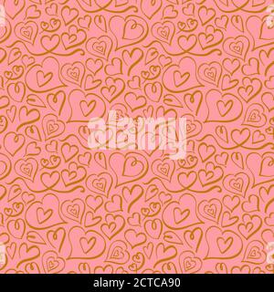 Motif coeur avec gribouillages dorés sur fond rose. Illustration vectorielle. Illustration de Vecteur