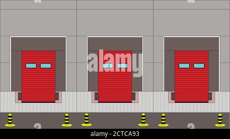 Grand entrepôt de distribution avec portes pour le chargement des marchandises. Façade Illustration de Vecteur