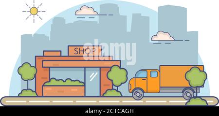 Paysage de la ville avec le bâtiment de magasin et le camion sur le fond des gratte-ciel. Illustration de Vecteur