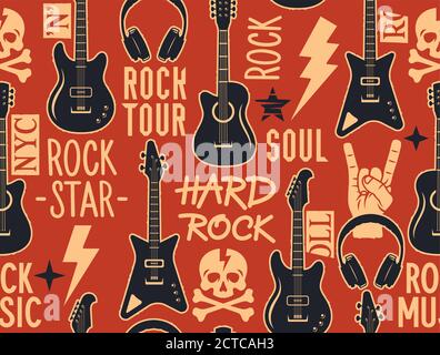 Motif musical tendance sans couture avec guitares, crâne et crossbone et autres symboles de musique rock. Fond musical rock fluide Illustration de Vecteur