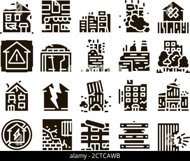 Vecteur de jeu de glyphes du bâtiment de la maison brisée Illustration de Vecteur