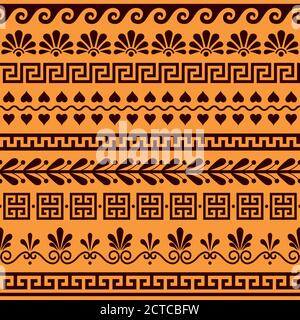 Ensemble de motifs vectoriels grecs sans couture - décoration florale et géométrique ancienne, motif clé en marron et orange Illustration de Vecteur