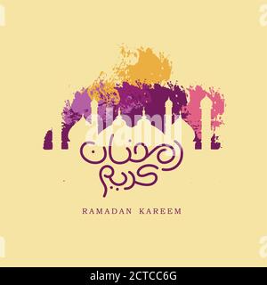 Ramadan Kareem Design arabe et anglais texte ivoire fond avec couleur masjid Illustration de Vecteur