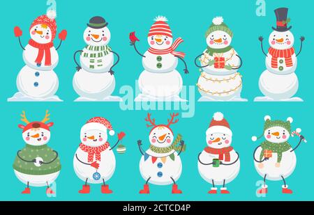 Bonhomme de neige. Jolis bonhommes de neige de noël en vêtements d'hiver, chapeaux et écharpe. Joyeux Noël personnages de dessin animé vecteur avec boîtes cadeaux, nouvelle année décoration comme balles, Illustration de Vecteur