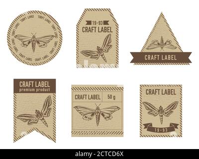 Étiquettes artisanales design vintage avec illustration de l'omambuyx moth, bagués de chasseur hawkmoth blanc Illustration de Vecteur