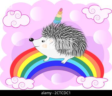 Un joli hérisson de dessin animé avec une corne de licorne sur un arc-en-ciel. Concept tout le monde peut être unicorn Illustration de Vecteur