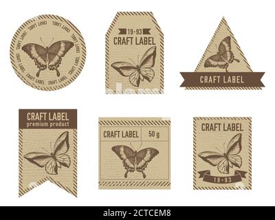 Étiquettes artisanales design vintage avec illustration de la queue d'allowtail émeraude, papillon de queue d'allowtail Illustration de Vecteur