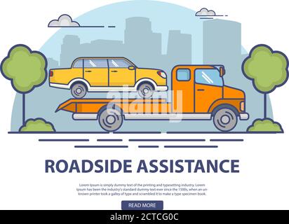 Assistance routière avec évacuation de la voiture cassée la berline. Illustration de Vecteur