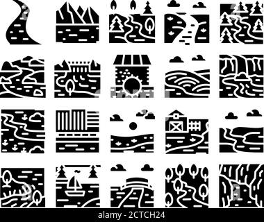 Vecteur de jeu de glyphes de paysage de rivière Illustration de Vecteur