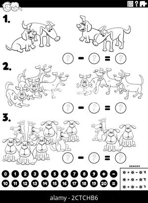 Dessin animé noir et blanc Illustration d'un puzzle de soustraction mathématique pédagogique Tâche pour les enfants avec chiens page de livre de coloriage Illustration de Vecteur