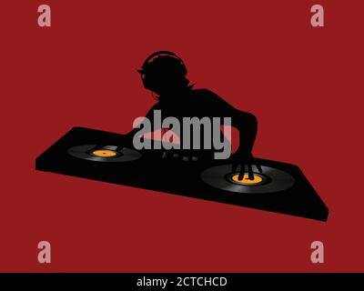 Silhouette noire de DJ avec casque travaillant sur UN double Platine avec disques en vinyle sur fond rouge Illustration de Vecteur