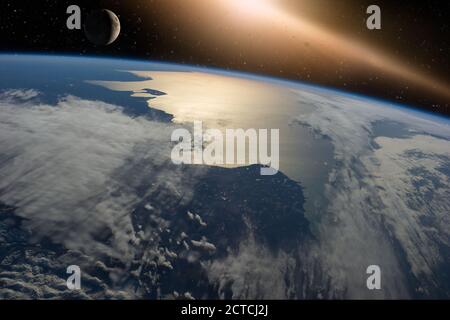 la terre dans la galaxie avec des éclaires de soleil et le Moon éléments de cette image fournie par la NASA Banque D'Images