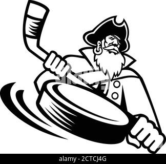 Illustration mascotte d'un sarrasin, pirate, corsaire ou corsair avec bâton de hockey sur glace et palet vu de l'avant sur fond isolé dans le rétro Illustration de Vecteur