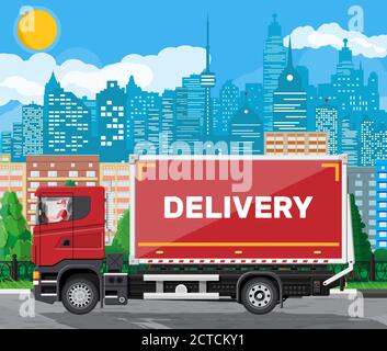 Camionnette de livraison rouge sur fond urbain. Express livrant des services camion commercial. Concept de livraison rapide et gratuite en voiture. Fret et logistique. Illustration de Vecteur