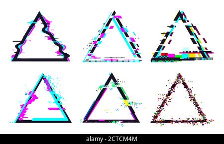 Cadre triangulaire de Glitch. Forme géométrique détruite avec signal ou bruit déformé. Effets de petits insectes et de couleurs de sorcières défectées ensemble ou collection pour Illustration de Vecteur