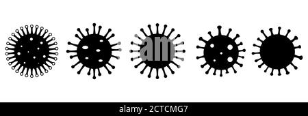 Ensemble d'icônes noires dans le style plat bactéries coronavirus. Isolé sur fond blanc. Pandémie chinoise. Infection cellulaire dangereuse. Signes et symboles Illustration de Vecteur