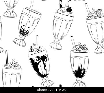 modèle sans couture de milk-shakes savoureux doux, crème fouettée et garniture, publicité de thé moussant avec tapioca savoureux et perles de menu modèle graphique Illustration de Vecteur
